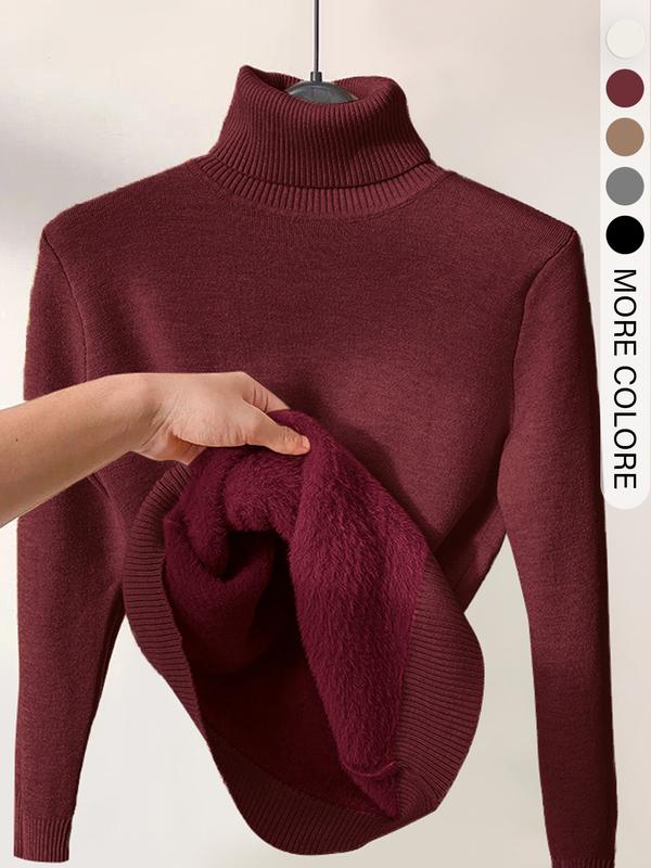 Pull en tricot uni doublé thermiquement à épaules tombantes et col montant pour femmes, pull décontracté à manches longues pour le quotidien en extérieur, haut en tricot pour femmes pour l'automne et l'hiver.