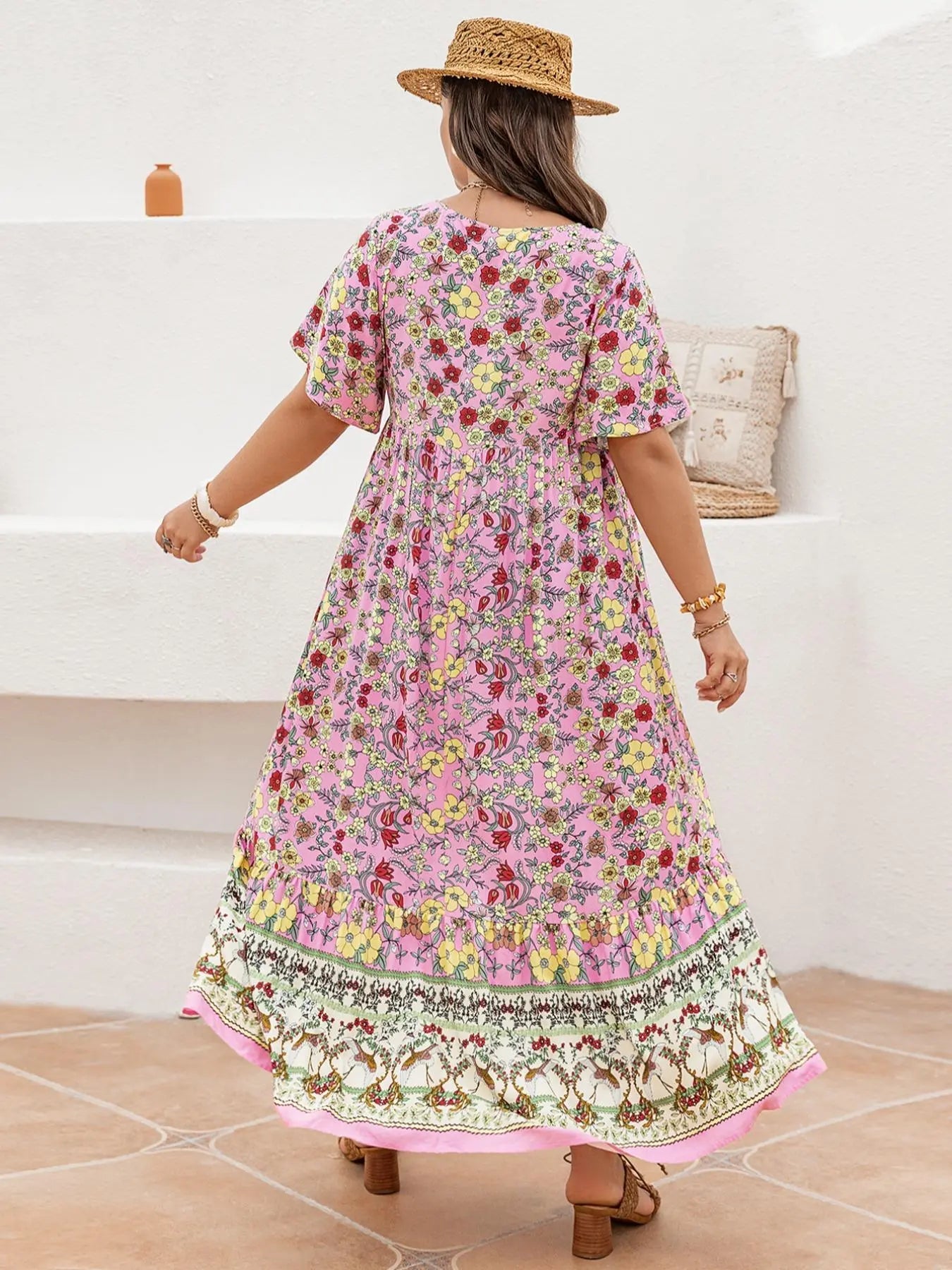 Plus Size Patchwork Floral Print Tie Neck Contrast Lace Ruffle Hem Long Dress, Boho Butterfly Sleeve Smock Dress, Ladies Summer Clothes for Vacation