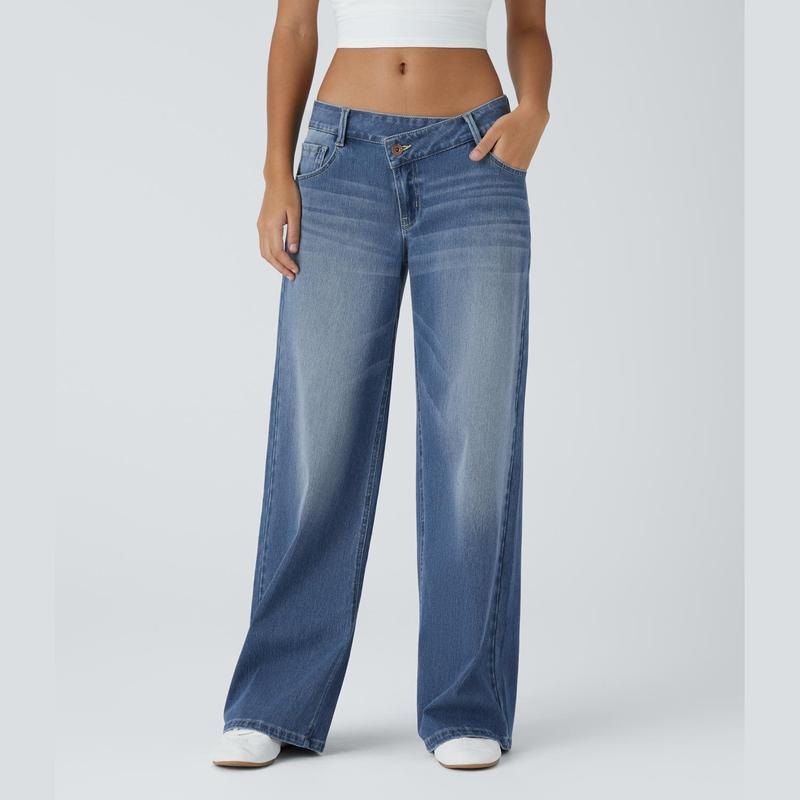 Jean décontracté baggy délavé coupe large à poches zippées asymétriques taille basse