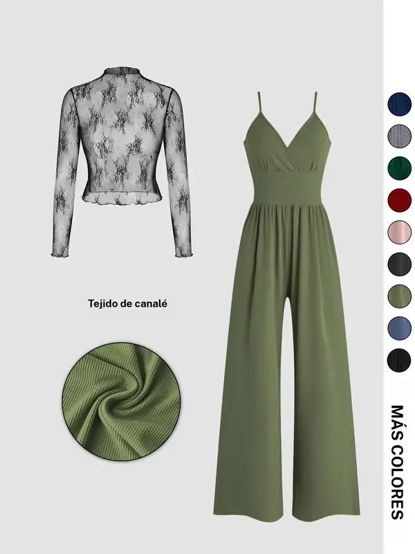 Ensemble deux pièces combishort et tee-shirt en dentelle de couleur unie pour femme, ensemble élégant et décontracté avec combishort dos zippé et haut à manches longues pour le quotidien et l'extérieur, vêtements pour femme pour le printemps et l'automne