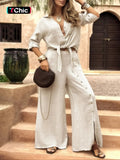 Women's Long Sleeve Loose Fit Shirt Set with Tie Hem, Single Button Decorated Wide Leg Pants, Casual All Season Outfit