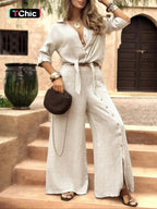 Women's Long Sleeve Loose Fit Shirt Set with Tie Hem, Single Button Decorated Wide Leg Pants, Casual All Season Outfit