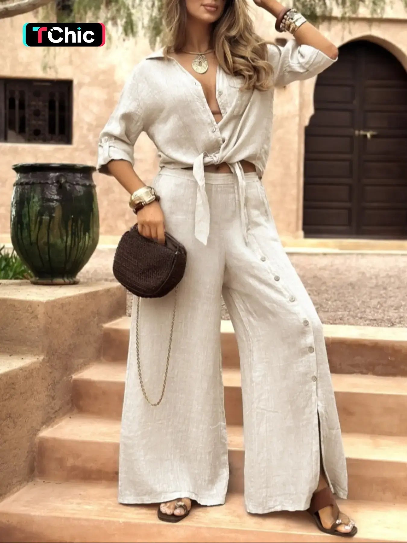 Women's Long Sleeve Loose Fit Shirt Set with Tie Hem, Single Button Decorated Wide Leg Pants, Casual All Season Outfit