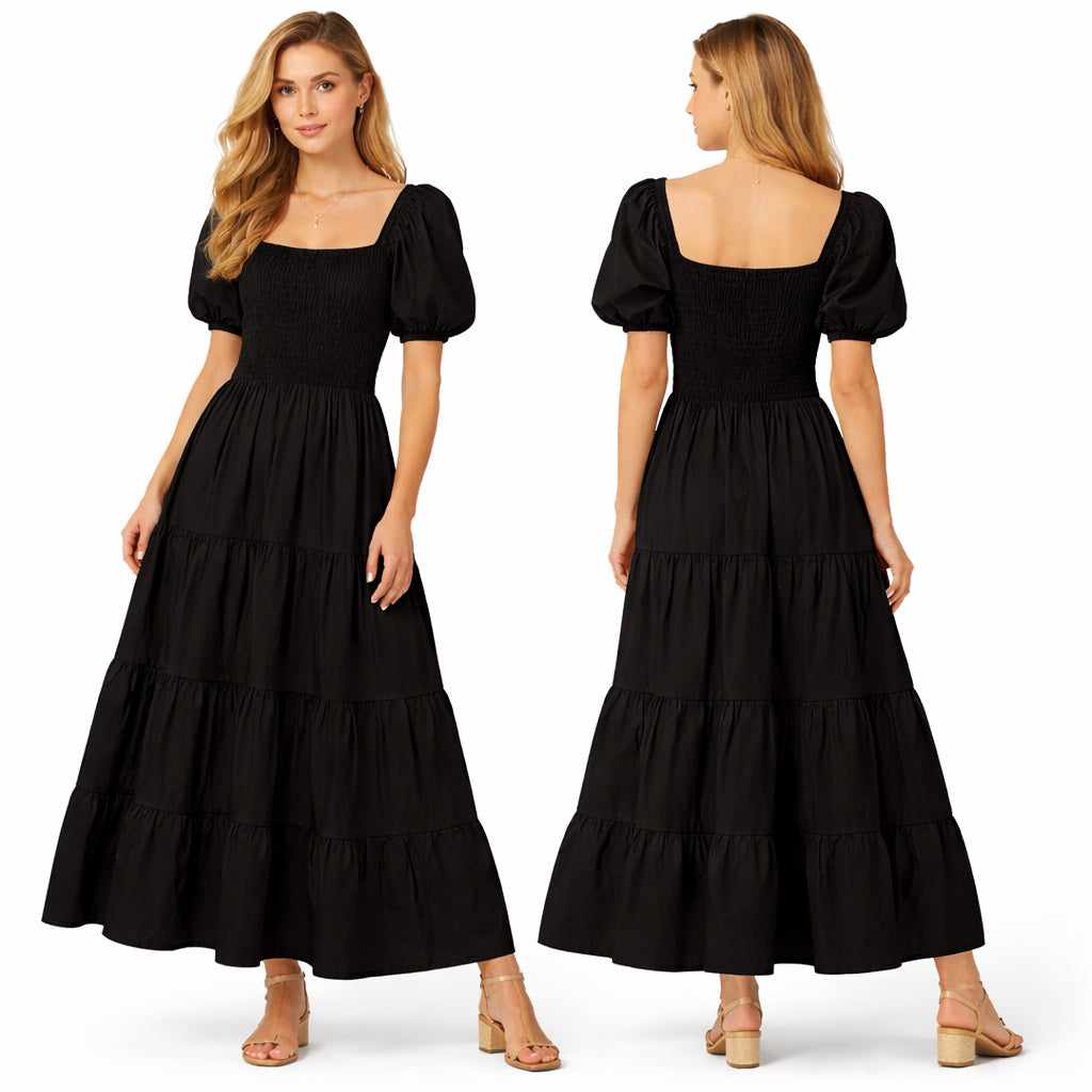 Longue robe smockée pour femme, manches bouffantes, coupe fluide à volants, style élégant pour l'été.