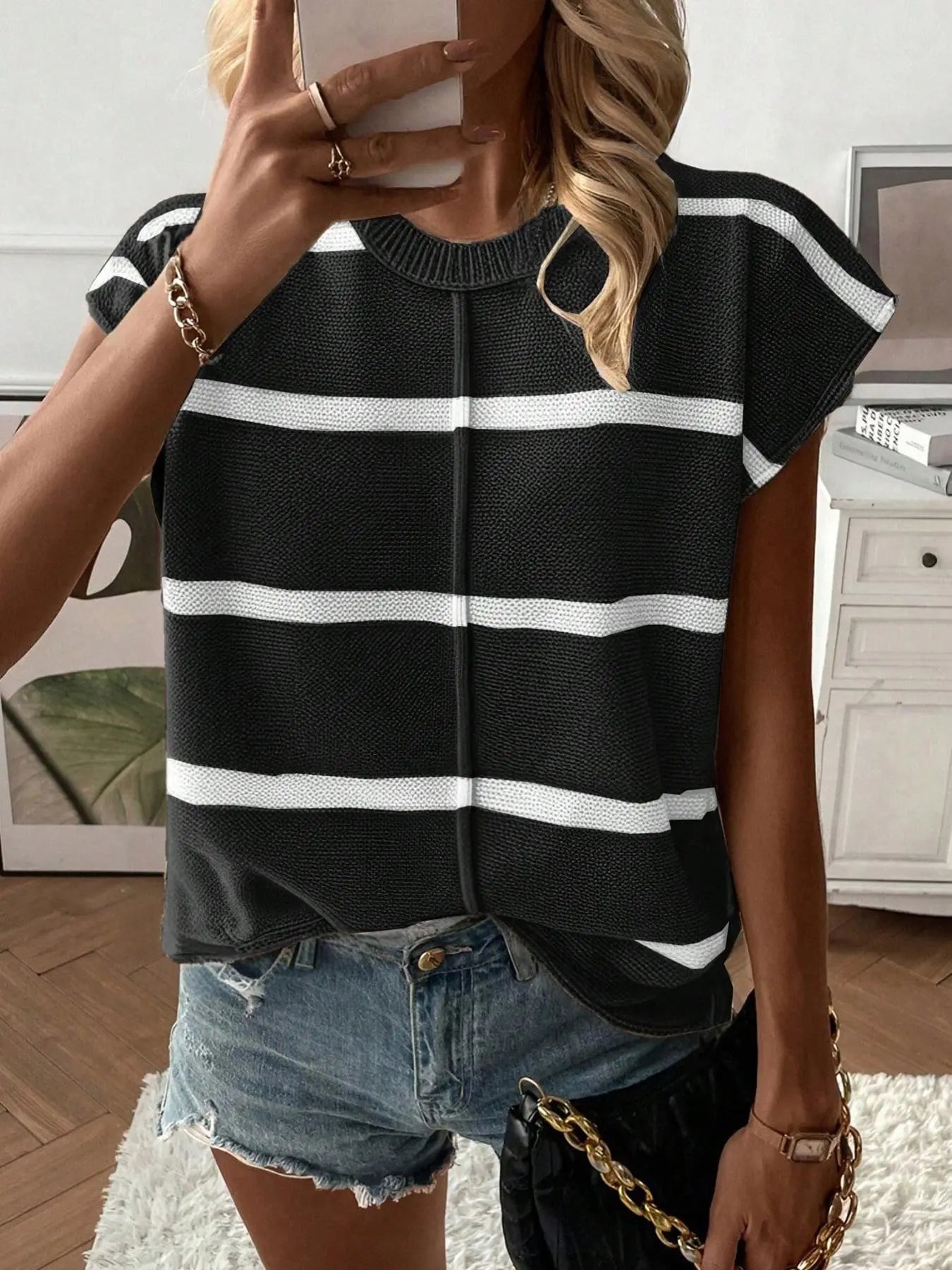 Gilet pull femme de couleur unie, haut tricoté décontracté à col rond pour l'été, tricot femme tendance pour le quotidien