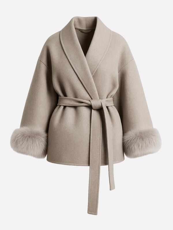 Manteau croisé thermique élégant pour femme, couleur unie, avec ceinture et manches longues en peluche