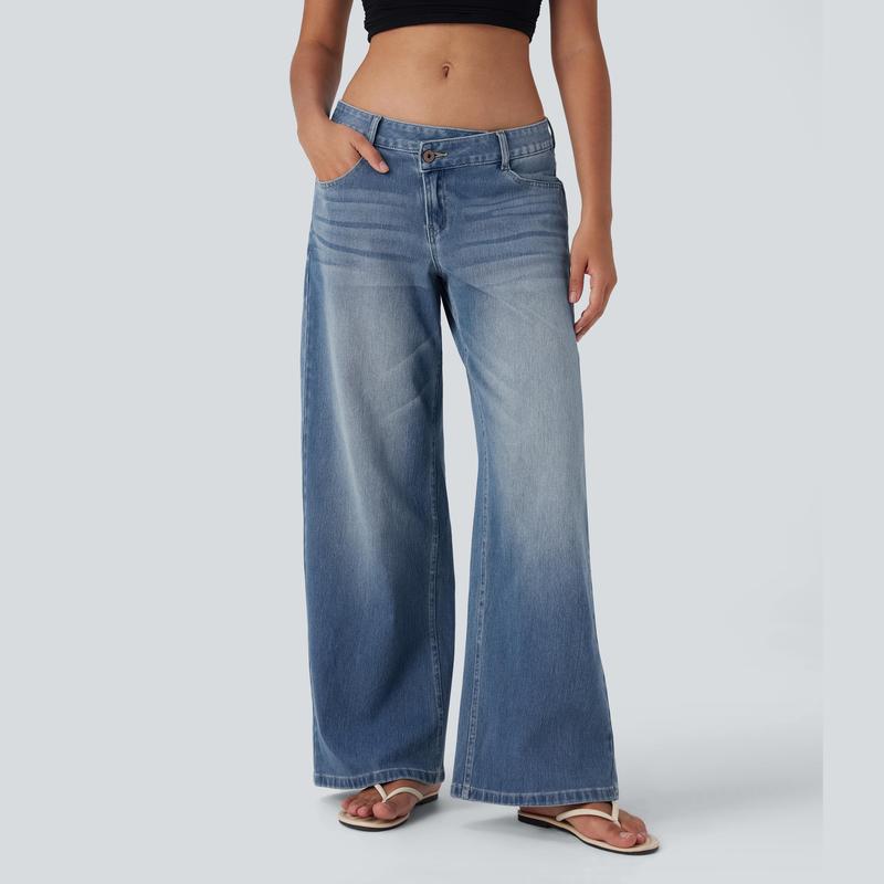 Jean décontracté baggy délavé coupe large à poches zippées asymétriques taille basse