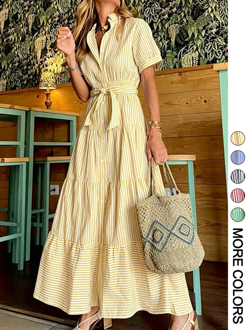 Robe longue décontractée et élégante pour femme avec ceinture imprimée à rayures, vêtements d'été pour femme, pour le quotidien