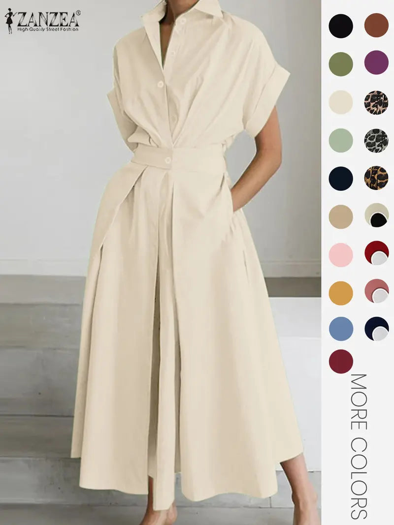Robe unie à col pour femme, robe décontractée à manches courtes pour l'été, vêtements pour femmes pour le quotidien