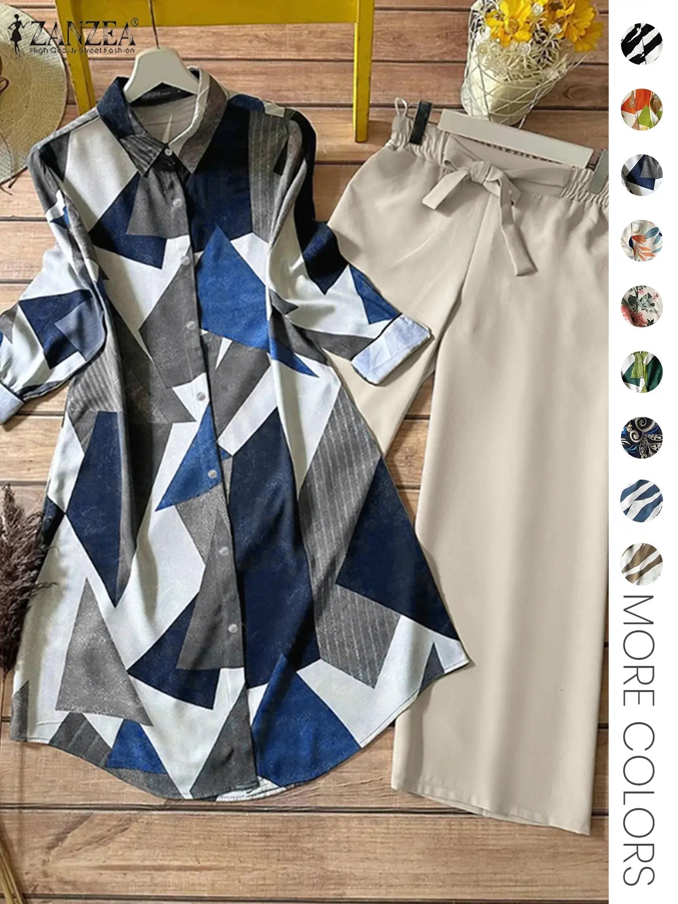 Ensemble deux pièces pour femme, chemise boutonnée à imprimé intégral et pantalon large, haut décontracté à manches longues et col, pantalon pour un usage quotidien, vêtements féminins pour toutes les saisons