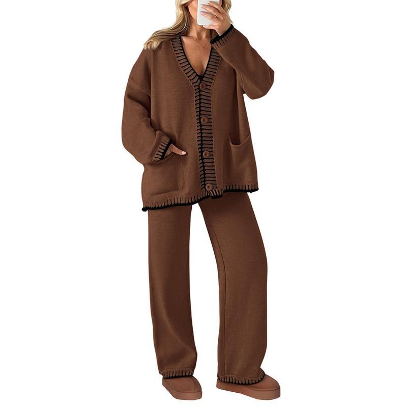 Ensemble 2 pièces tricoté pour femme, tenues d'hiver assorties, loungewear, cardigans à manches longues et col en V, pantalons amples, survêtements