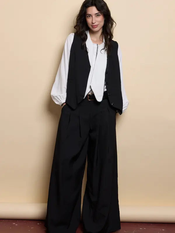 Tailleur pour femme, style décontracté, veste sans manches, pantalon ample