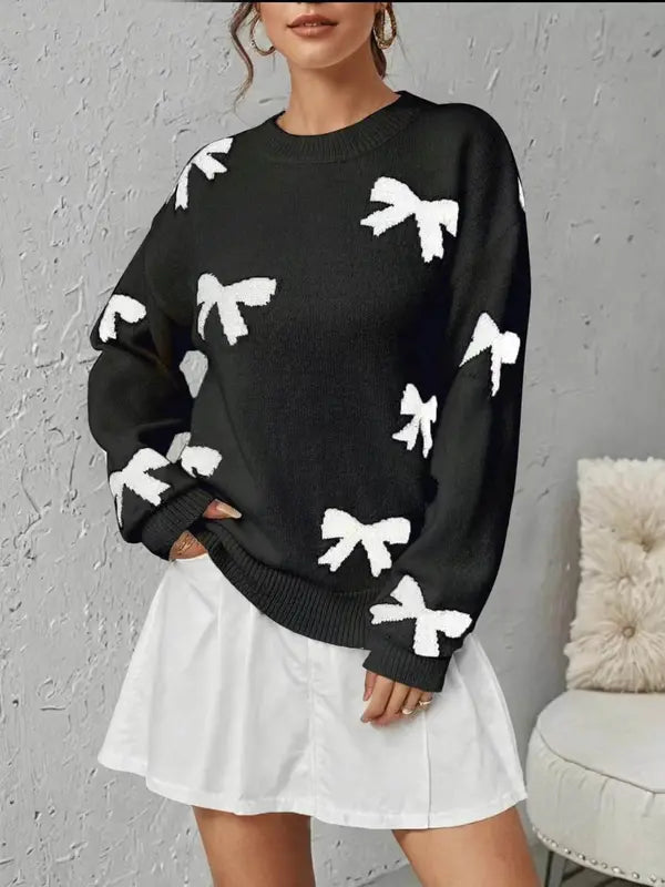 Pull décontracté tricoté lâche imprimé nœud papillon à la mode, pull femme automne/hiver, nouveau pull tricoté à col rond et manches longues