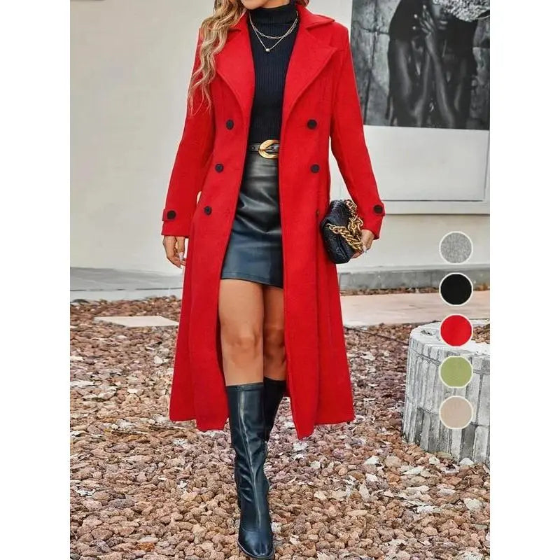 Manteau mi-long en laine mélangée d'hiver pour femme avec revers cranté et double boutonnage, manteau en laine unie à double bouton pour femme, manteau long élégant à manches longues pour femme, gris