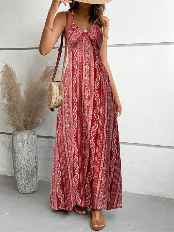 Robe caraco dos nu à imprimé ethnique pour femme