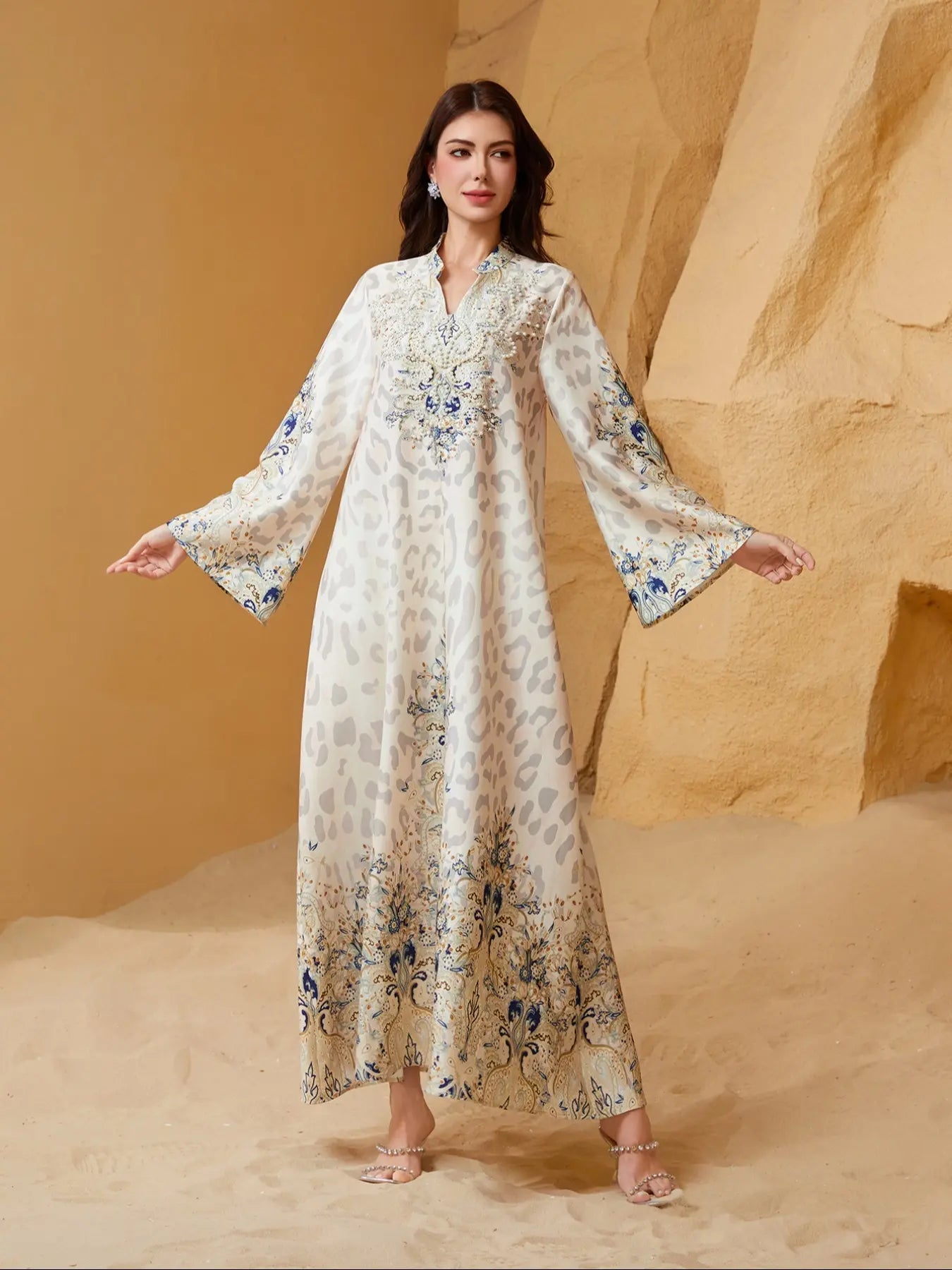 Robe Longue Femme Ethnique Traditionnelle à Motif avec Perles Fantaisie, Robe Bohème à Manches Longues et Col Rond pour Vacances, Invité de Mariage, Vêtements Musulmans pour Femmes Toutes Saisons
