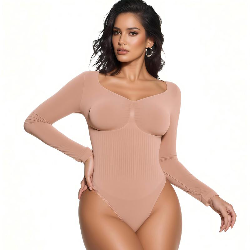 Body gainant sans couture pour femme – Body à manches longues et col en V, coupe ajustée, léger et sculptant, parfait pour les superpositions et le quotidien, compression légère