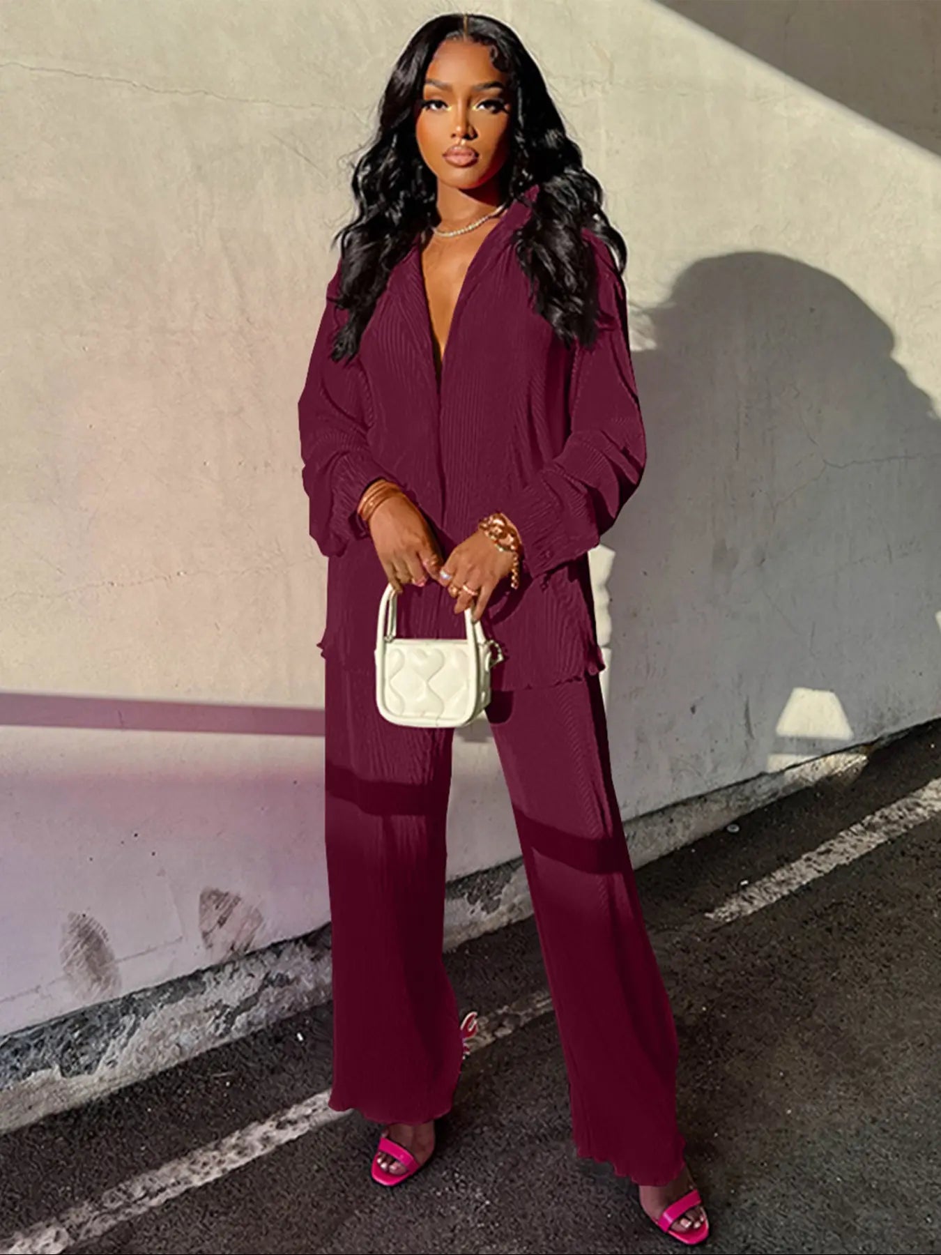 Ensemble deux pièces chemise unie boutonnée et pantalon taille élastique pour femme