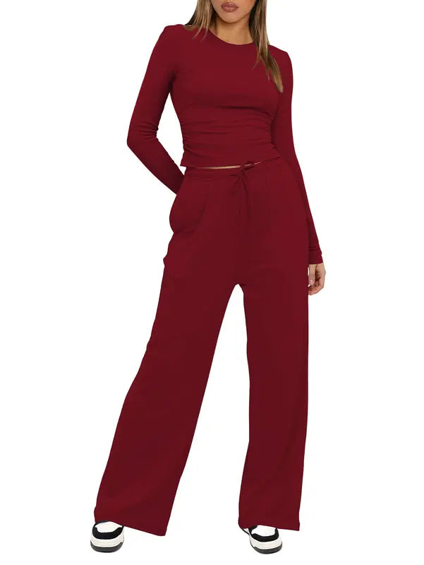 Ensemble de détente femme uni, froncé et à cordon de serrage, haut décontracté à manches longues et col rond et pantalon large à poches, pyjama femme pour toutes les saisons