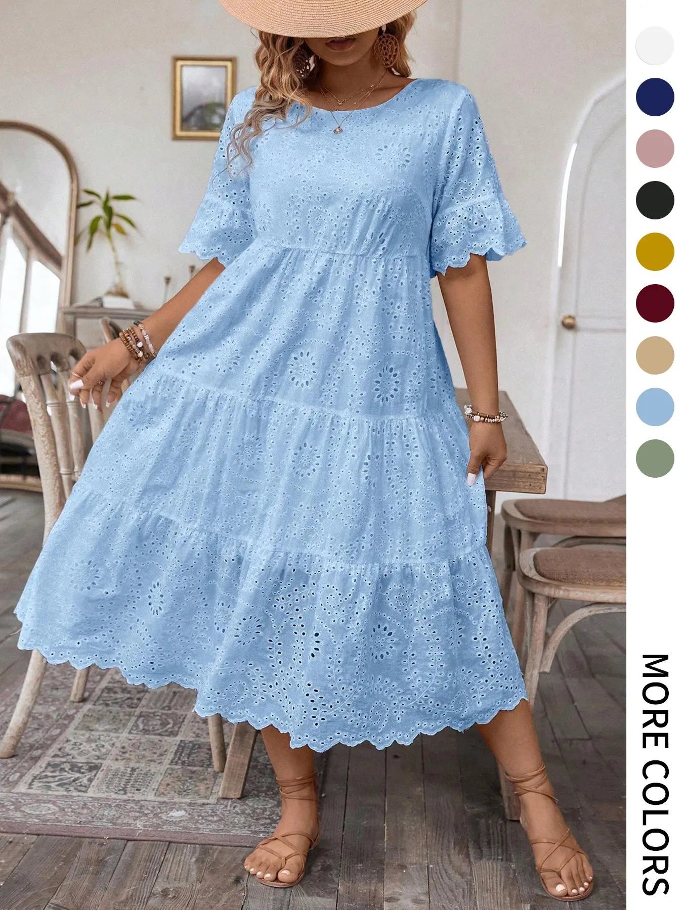 【Grande Taille】 Robe Unie Broderie Anglaise, Robe Bohème à Col Rond pour Vacances et Usage Quotidien – Vêtements d'Été pour Femmes