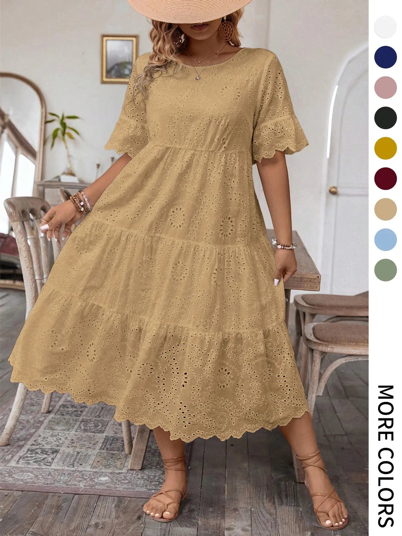[Grande Taille] Robe unie avec broderie œillets, Robe bohème à col rond pour les vacances et le quotidien – Vêtements d'été pour femmes