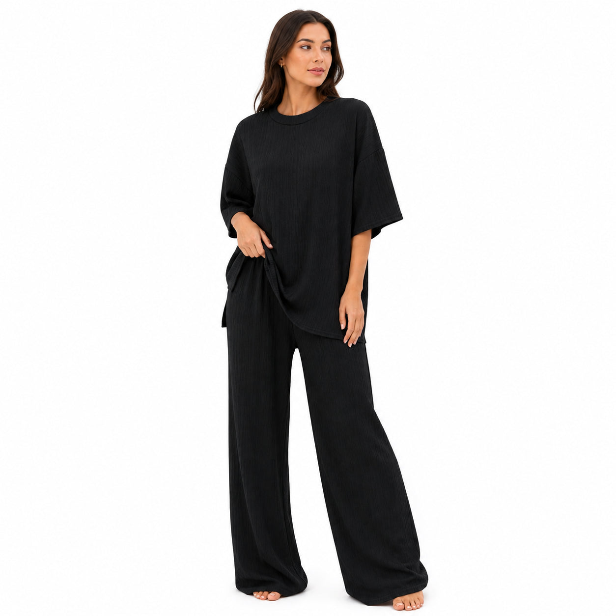 Ensemble Chic Femme Texturé – T-shirt & Pantalon Fluide