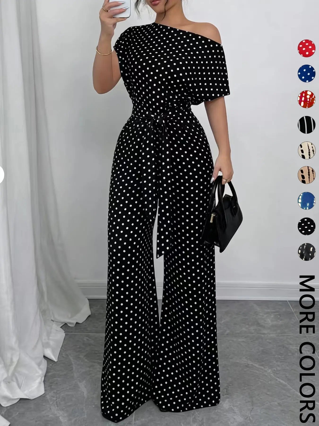 Combinaison Femme à Imprimé Intégral avec Nœud sur le Devant, Combinaison Décontractée à Col Asymétrique pour le Printemps et l'Automne, Vêtements pour Femmes à Porter au Quotidien