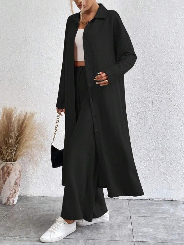 Ensemble deux pièces chemise unie boutonnée et pantalon large pour femme, ensemble décontracté top manches longues et pantalon à épaules tombantes, vêtements pour femmes pour usage quotidien