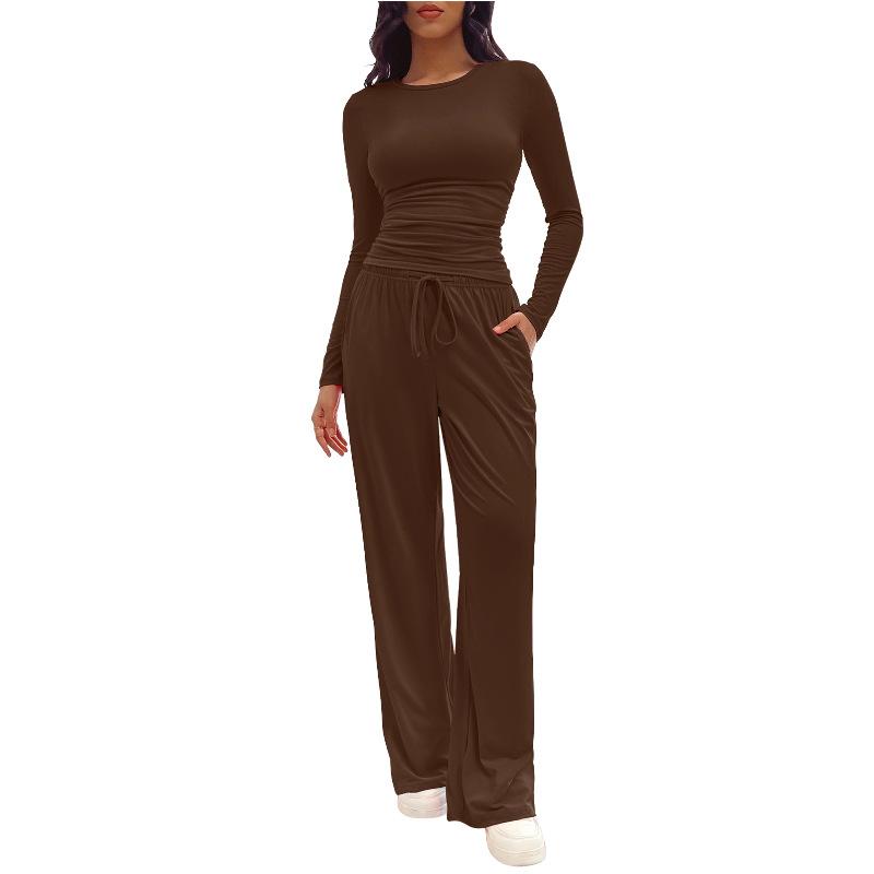 Ensemble de détente femme uni, froncé et à cordon de serrage, haut décontracté à manches longues et col rond et pantalon large à poches, pyjama femme pour toutes les saisons