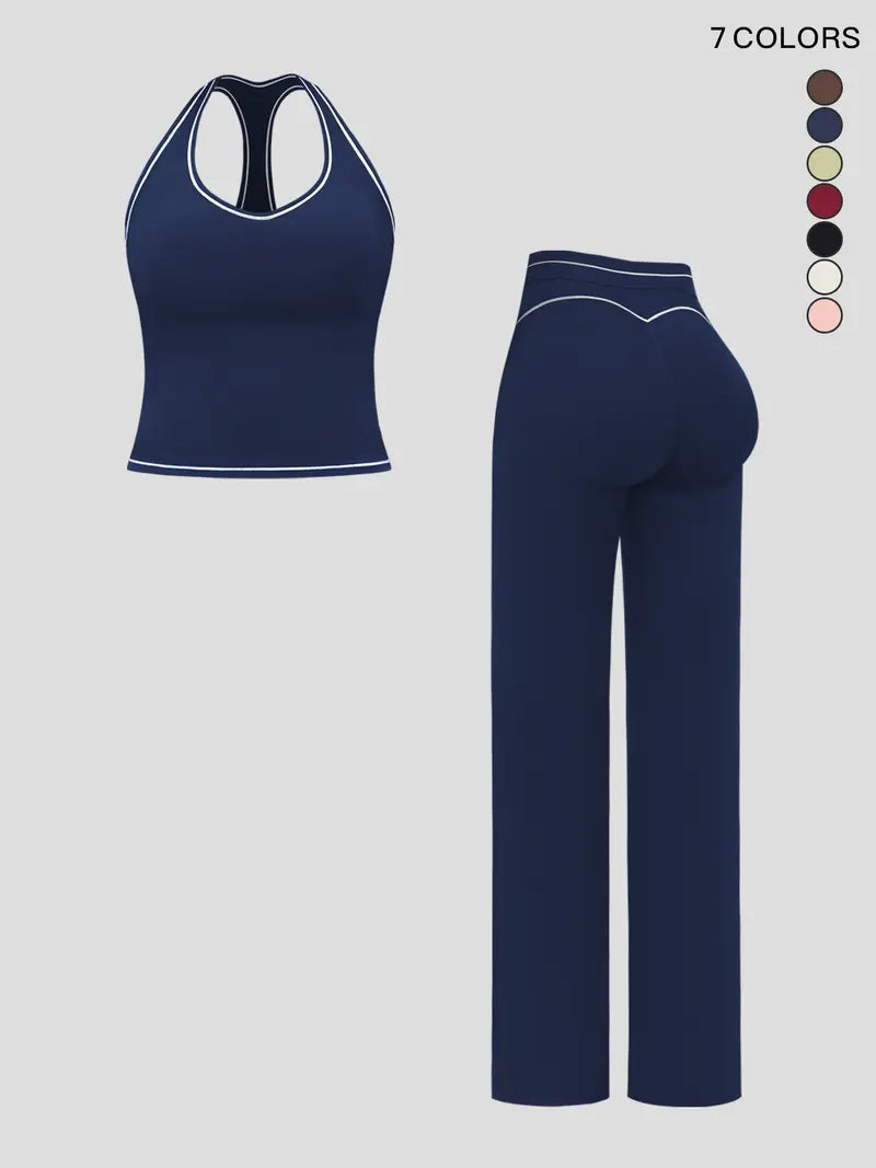 Ensemble de yoga pour femme avec doubles bretelles, tenue de sport de luxe pour la course et l'exercice, tissu polaire colorblock.