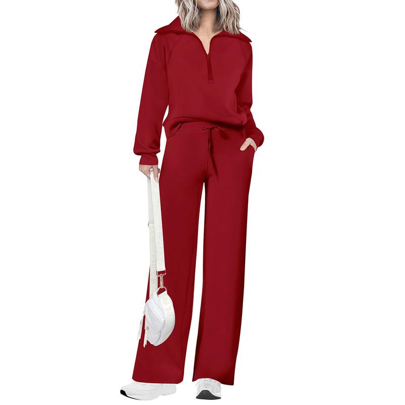 Ensemble de survêtement décontracté 2 pièces pour femme - Sweat-shirt à demi-zip et pantalon large avec cordon de serrage - Haut et pantalon de survêtement assortis pour le confort