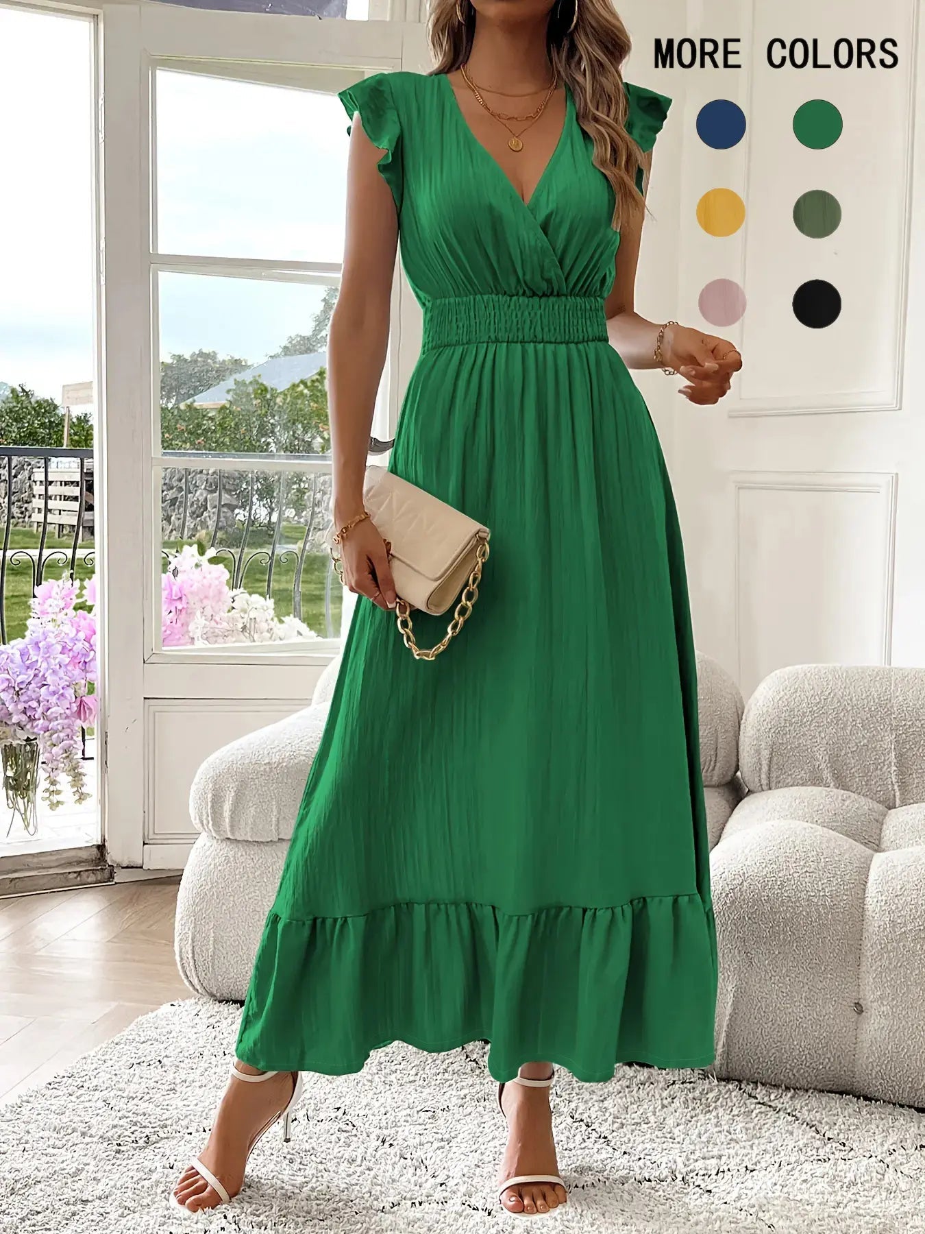Robe Longue Fluide Femme Col V, Élégante et Décontractée pour Tous les Jours, Robe d'Été pour Femme