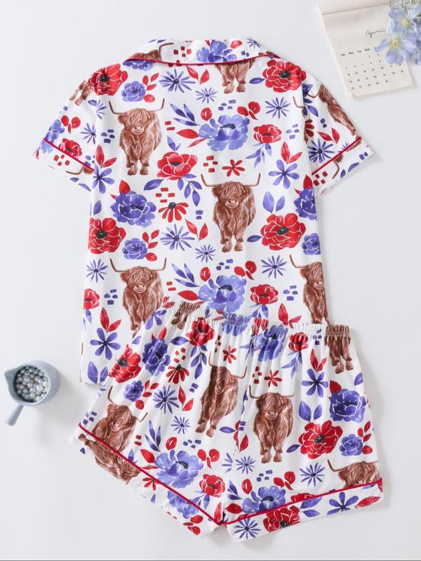 Ensemble de Pyjama Deux Pièces pour Femme, Motif Floral et Vache, Haut et Short à Manches Courtes, Décontracté et Confortable