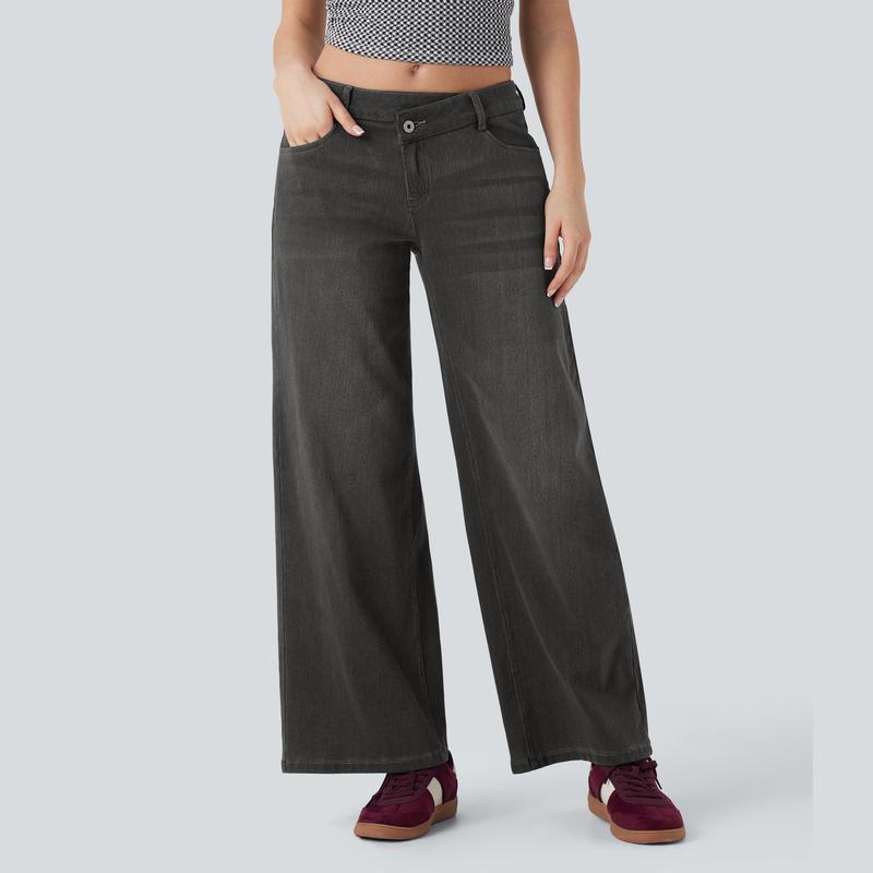 Jean décontracté baggy délavé coupe large à poches zippées asymétriques taille basse