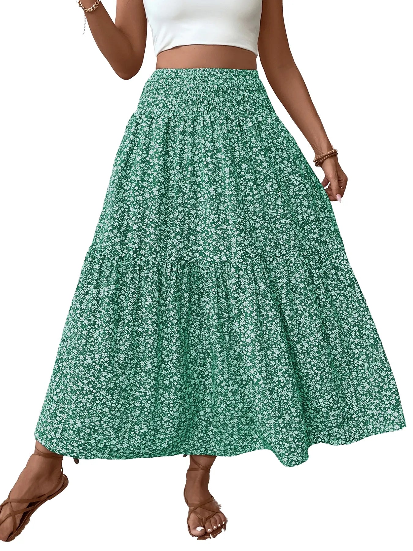 Jupe trapèze décontractée fleurie pour femme, taille élastique, poches, ourlet feuille, jupe longue ajustée, robe mi-longue tendance