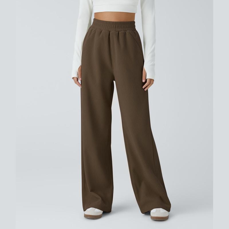 Pantalon décontracté en velours côtelé, coupe droite, taille haute, avec poches latérales