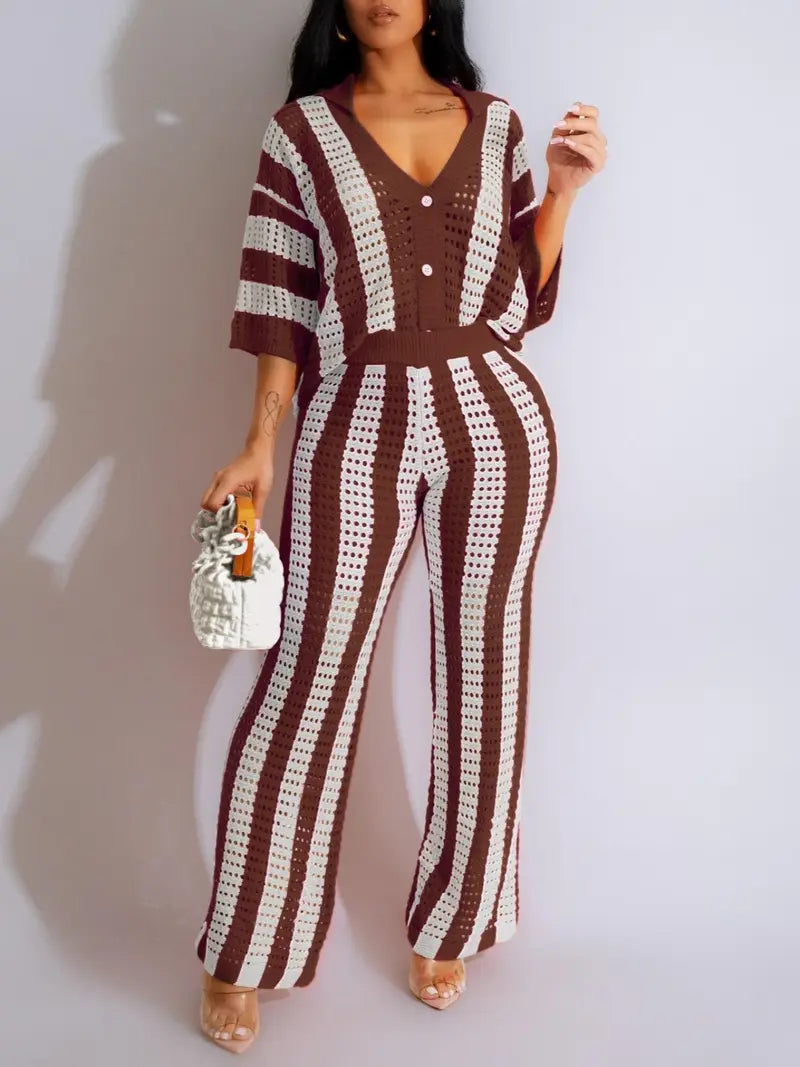 Ensemble deux pièces femme - Haut color block rayé découpé boutonné et pantalon large