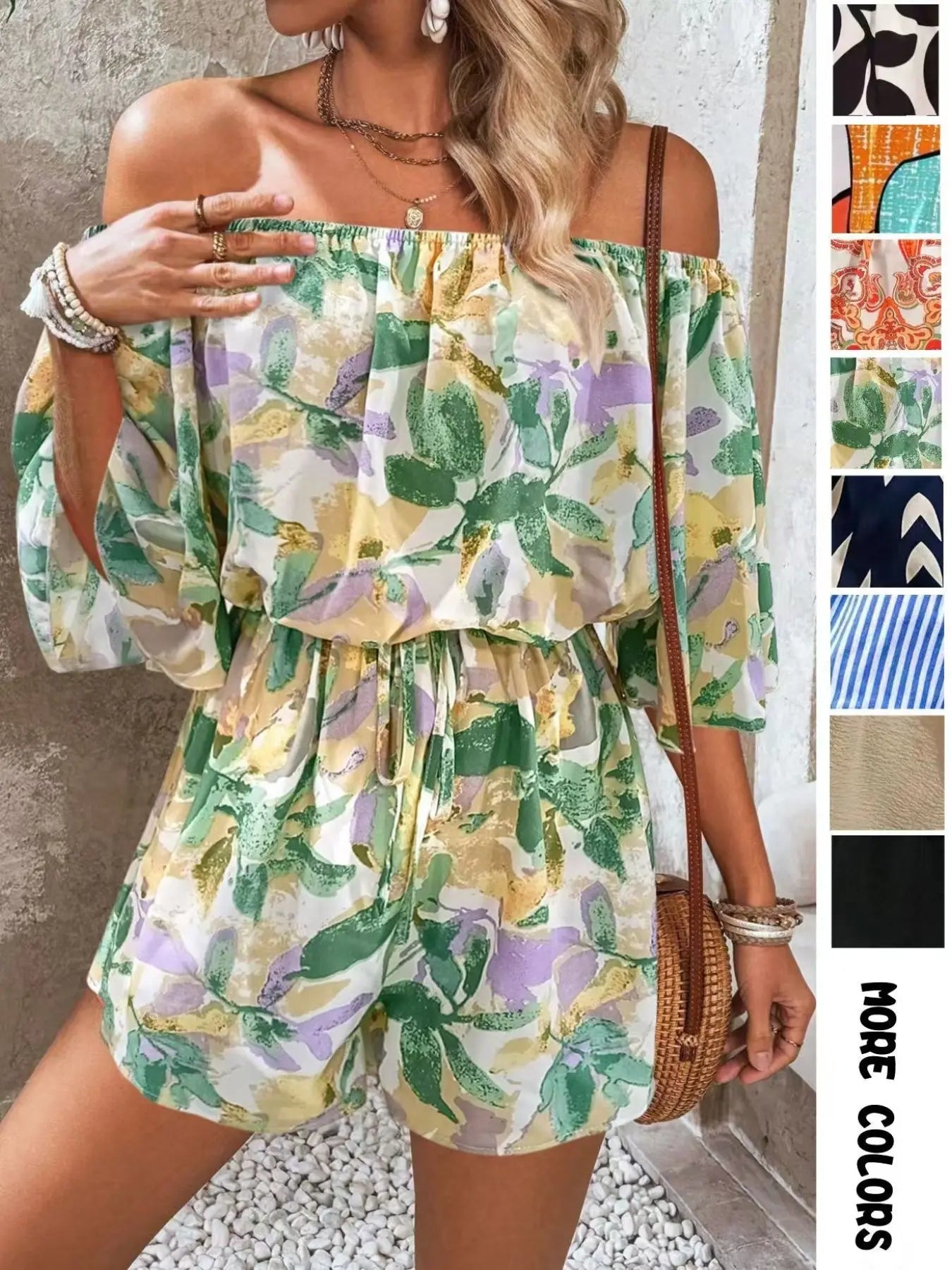 Combishort Femme à Imprimé Feuillage Épaules Dénudées et Nœud sur le Devant, Combinaison Décontractée à Manches Volantes pour l'Été, Vêtements de Mode pour Femme pour Vacances à la Plage