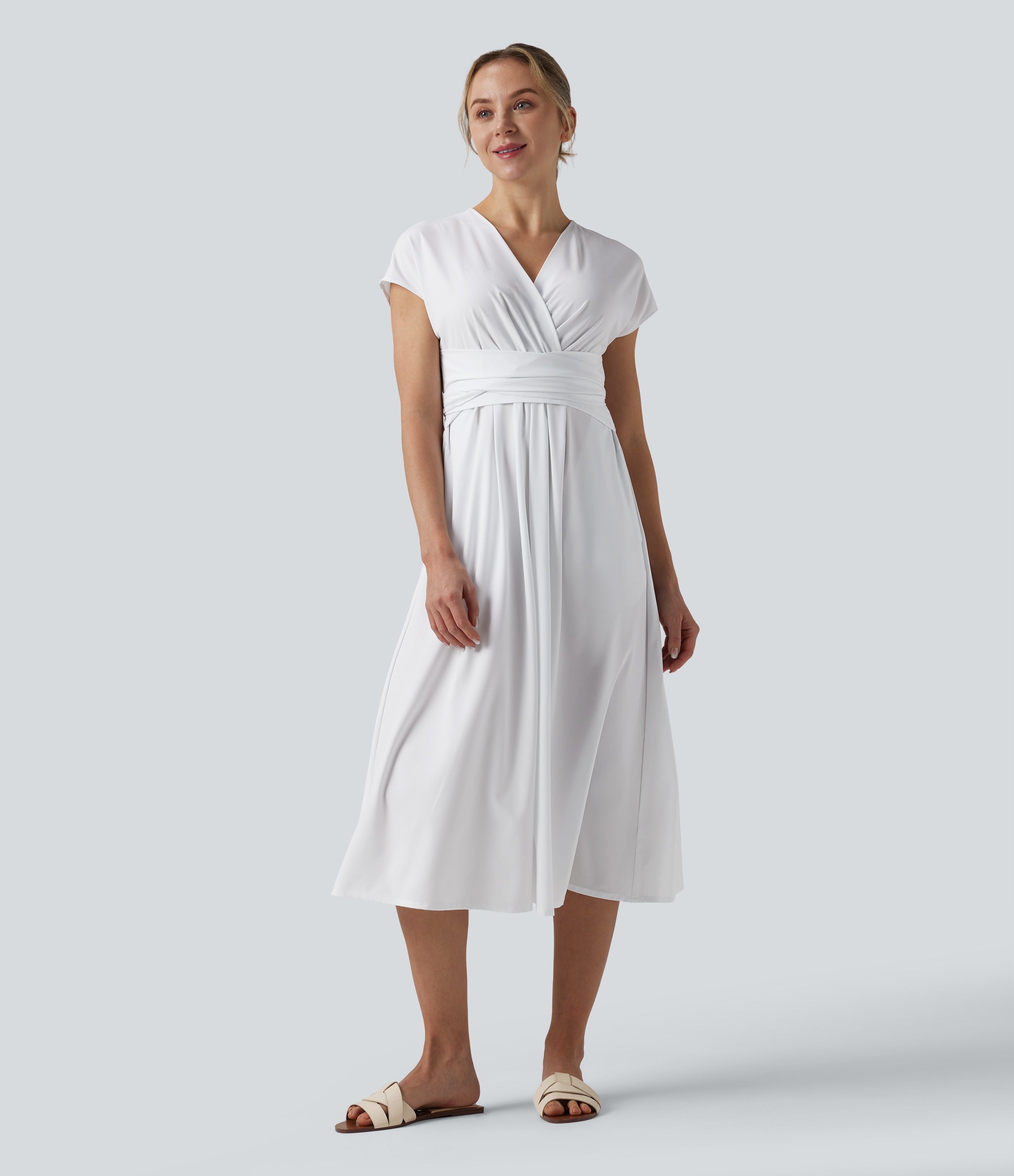 Robe midi décontractée, col en V, manches courtes, poches latérales, dos noué, séchage rapide