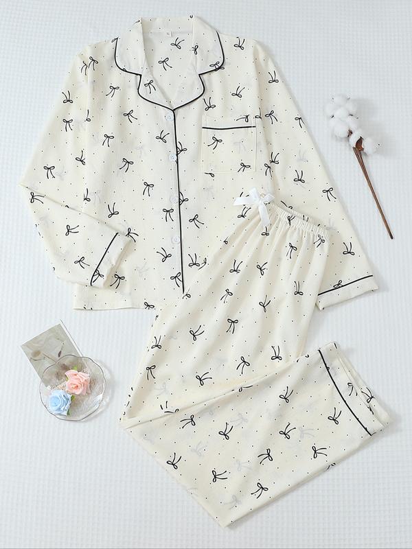 Ensemble de pyjama pour femme à rayures et imprimé nœud, haut et pantalon boutonnés, décontracté pour toutes les saisons