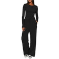 Women's Solid Ruched Drawstring Loungewear Set, Casual Long Sleeve Round Neck Top & Pocket Wide Leg Trousers, Ladies Sleepwear for All Seasons