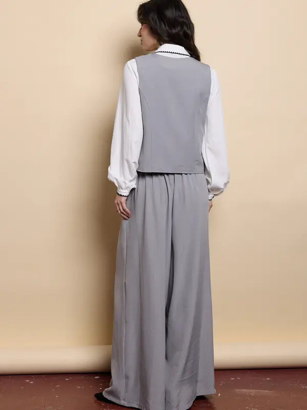 Tailleur pour femme, style décontracté, veste sans manches, pantalon ample