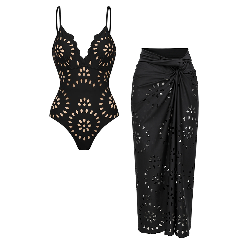 Maillot de bain une pièce ajouré et jupe à découpes laser fleuries noires