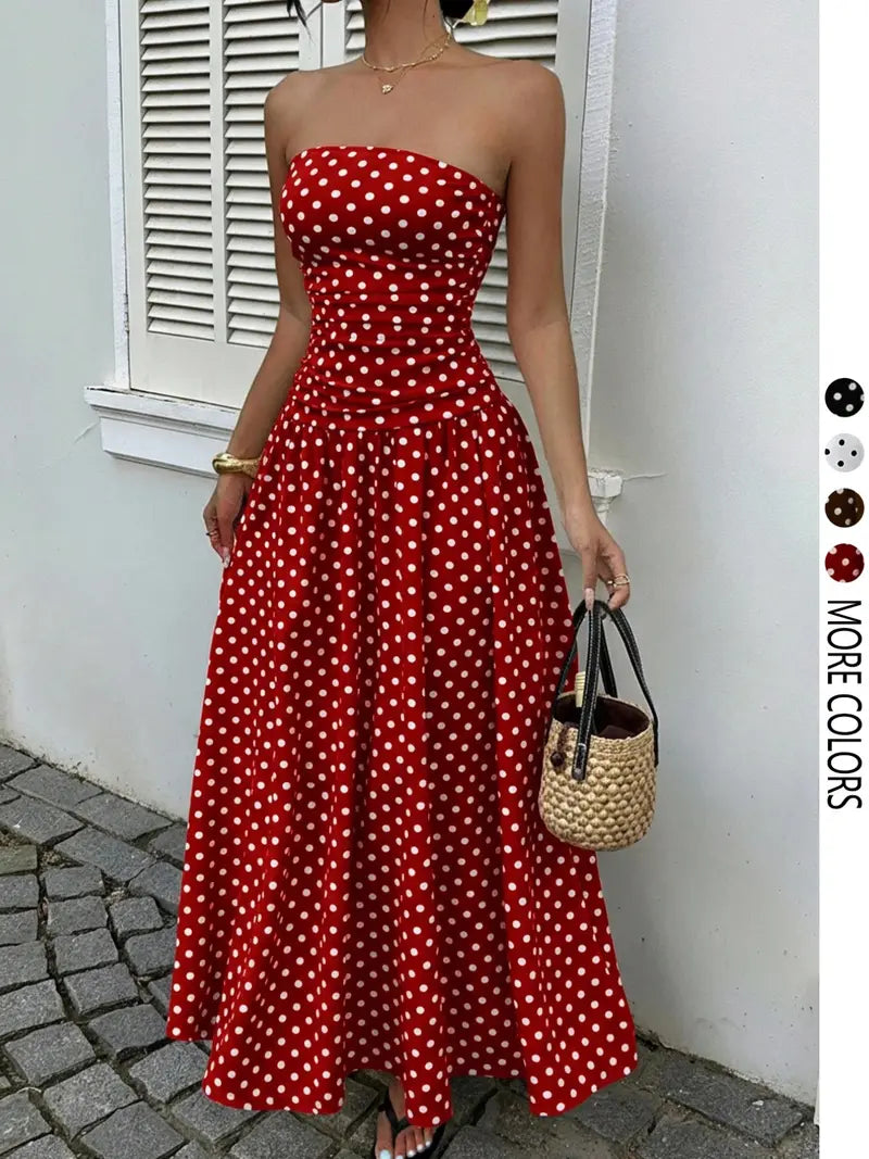 Robe longue élégante à pois sans bretelles pour femme, chic sans manches, idéale pour les fêtes et tenues décontractées, robe de soirée élégante