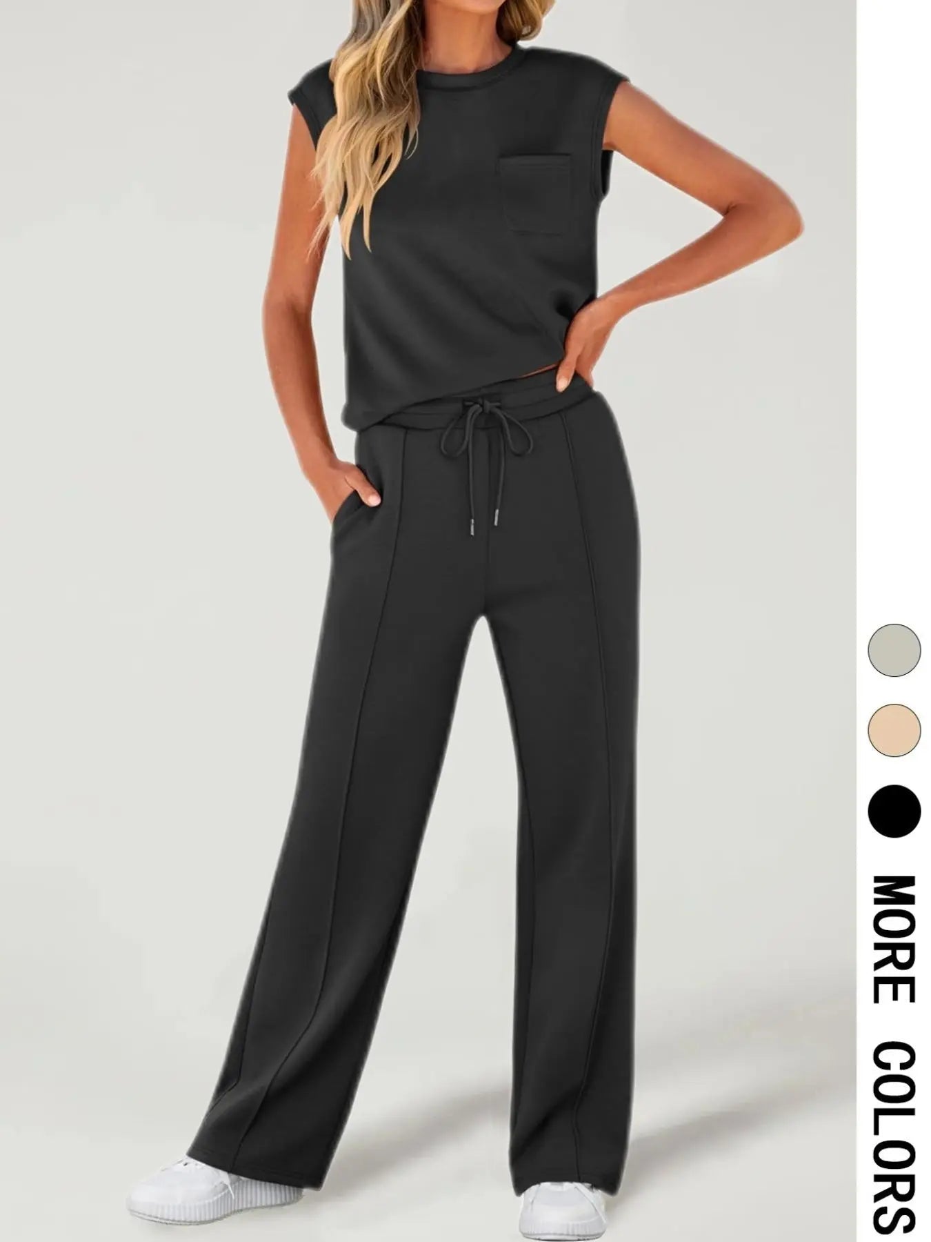 Ensemble deux pièces décontracté pour femme, débardeur uni et pantalon à cordon de serrage, haut sans manches à col rond et pantalon pour un usage quotidien, tenues deux pièces pour femmes toutes saisons