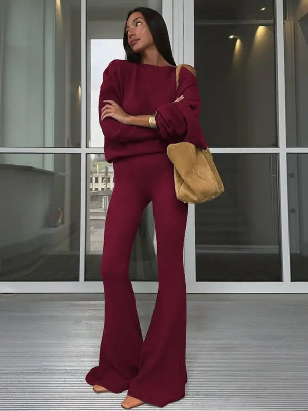Ensemble haut à col asymétrique uni et pantalon évasé pour femme, haut décontracté à manches longues et épaules tombantes et pantalon, vêtements d'automne et d'hiver pour femme pour un usage quotidien
