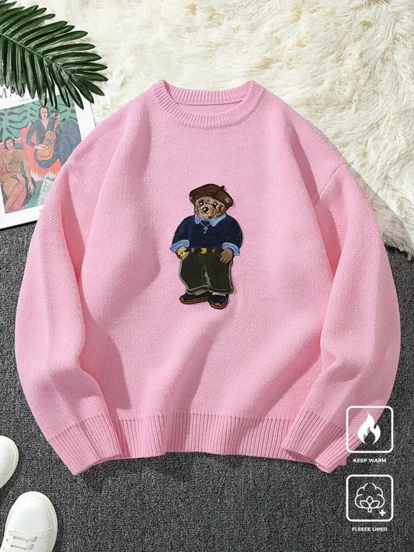 Pull ras du cou unisexe imprimé ours de dessin animé, pull décontracté ample à manches longues pour l'automne et l'hiver, tricot tendance pour femme pour un usage quotidien