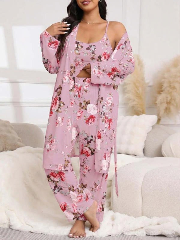[Grande Taille] Ensemble Trois Pièces Kimono Long Imprimé Fleuri avec Ceinture, Caraco et Pantalon à Taille Élastique