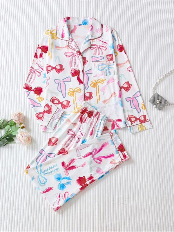 Ensemble deux pièces pyjama femme, chemise imprimée à nœud avec boutons et poches, et pantalon à taille élastique, décontracté et confortable, haut à manches longues et col à revers, et pantalon de pyjama