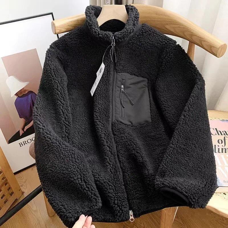 Veste en peluche Agneau Mode Femme Automne Hiver Nouvelle Poche Zippée Manches Longues Col Montant Ample Confort Chaud Veste pour Femme